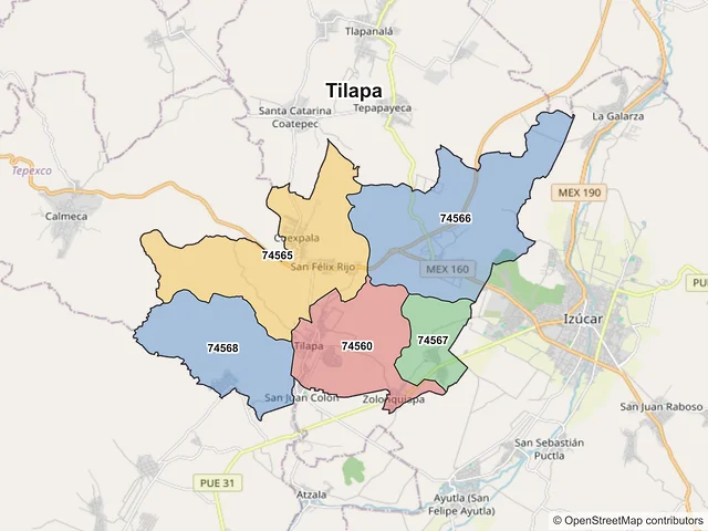 Mapa de códigos postales de Tilapa, Puebla