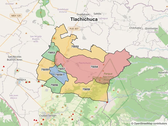 Mapa de códigos postales de Tlachichuca, Puebla