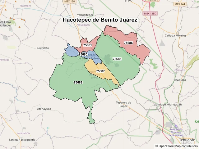 Mapa de códigos postales de Tlacotepec de Benito Juárez, Puebla