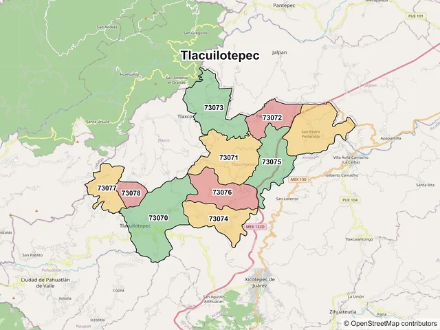 Mapa de códigos postales de Tlacuilotepec, Puebla