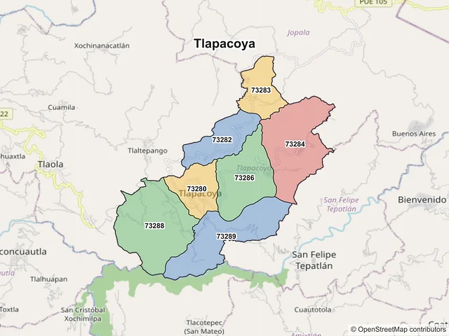 Mapa de códigos postales de Tlapacoya, Puebla