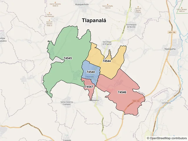 Mapa de códigos postales de Tlapanalá, Puebla