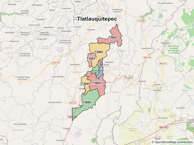 Mapa de códigos postales de Tlatlauquitepec, Puebla