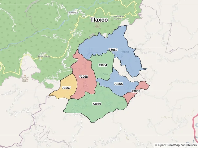 Mapa de códigos postales de Tlaxco, Puebla