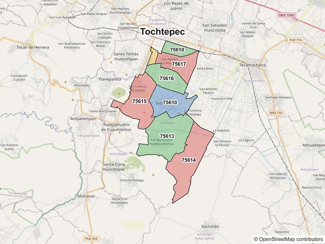 Mapa de códigos postales de Tochtepec, Puebla