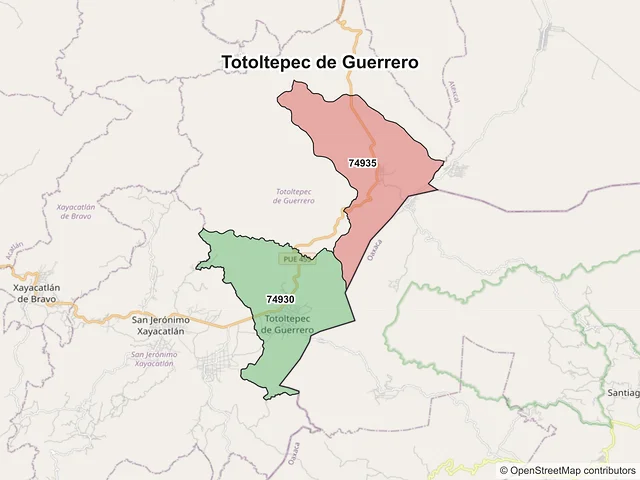 Mapa de códigos postales de Totoltepec de Guerrero, Puebla