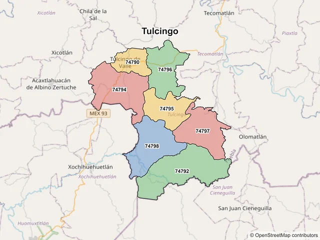 Mapa de códigos postales de Tulcingo, Puebla
