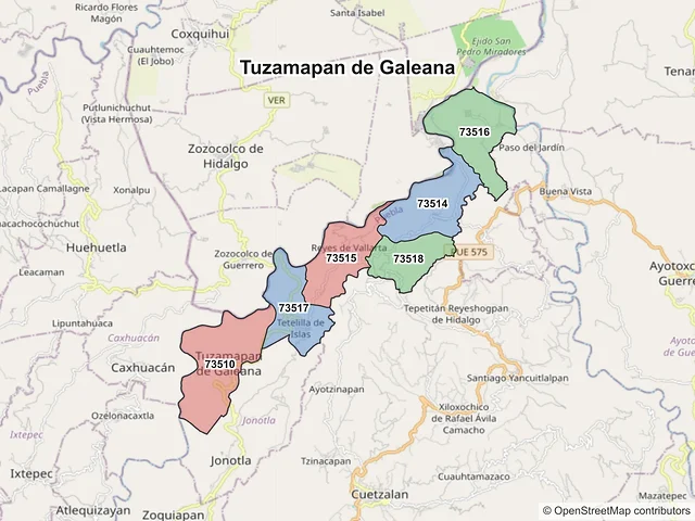 Mapa de códigos postales de Tuzamapan de Galeana, Puebla