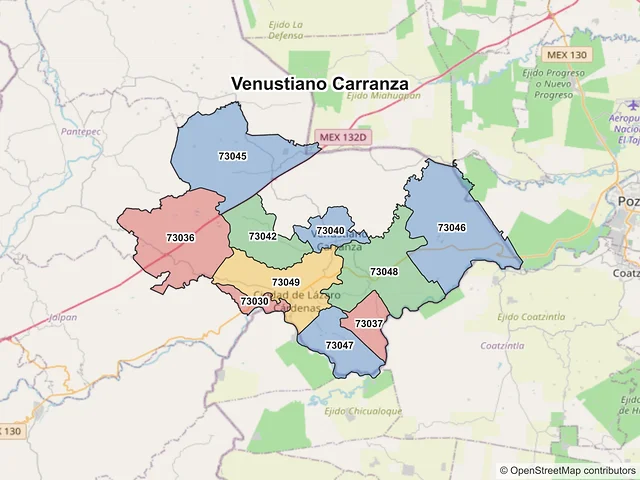 Mapa de códigos postales de Venustiano Carranza, Puebla