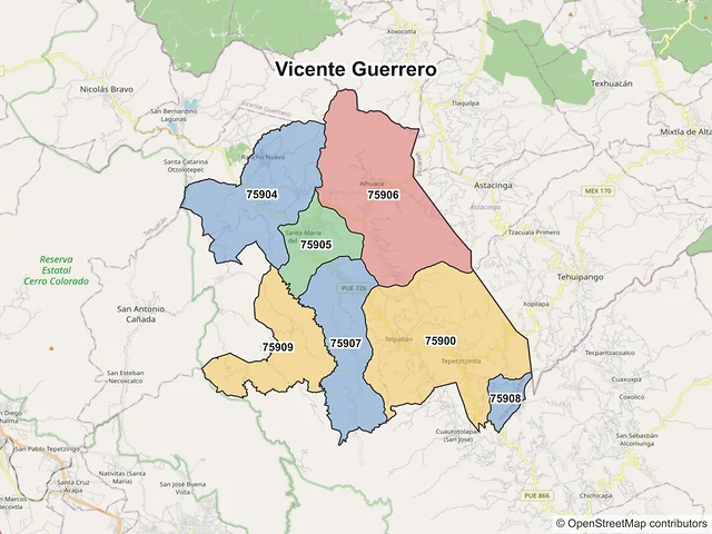Mapa de códigos postales de Vicente Guerrero, Puebla