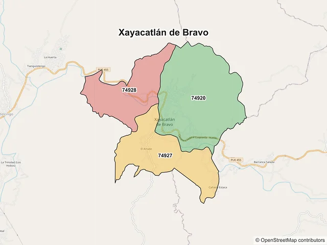Mapa de códigos postales de Xayacatlán de Bravo, Puebla