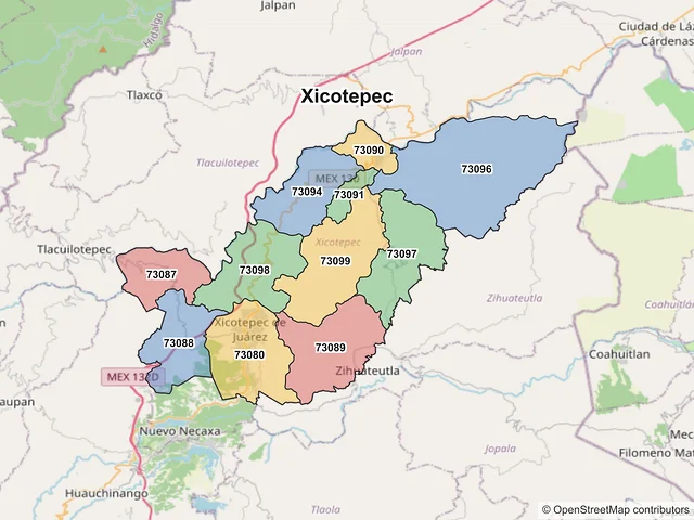 Mapa de códigos postales de Xicotepec, Puebla