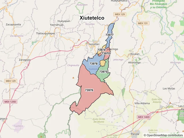 Mapa de códigos postales de Xiutetelco, Puebla