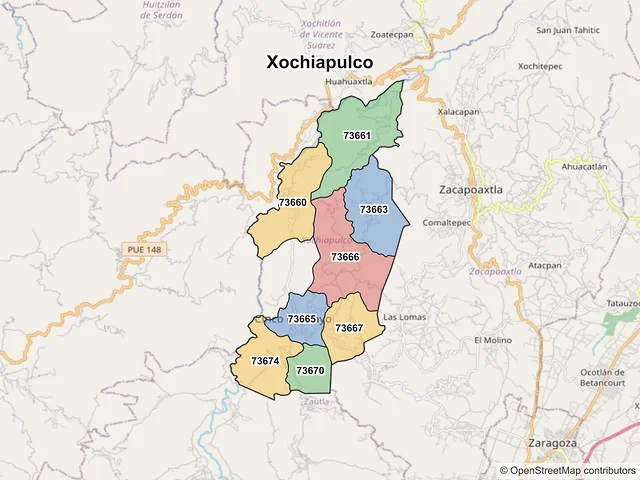 Mapa de códigos postales de Xochiapulco, Puebla