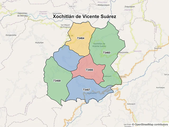 Mapa de códigos postales de Xochitlán de Vicente Suárez, Puebla