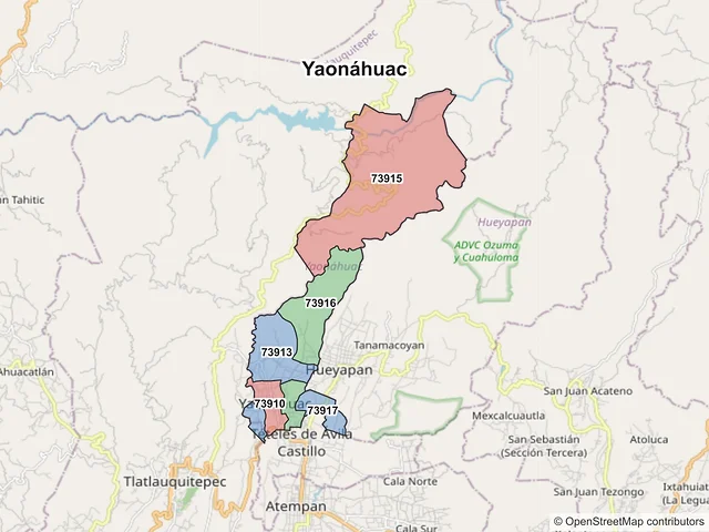Mapa de códigos postales de Yaonáhuac, Puebla