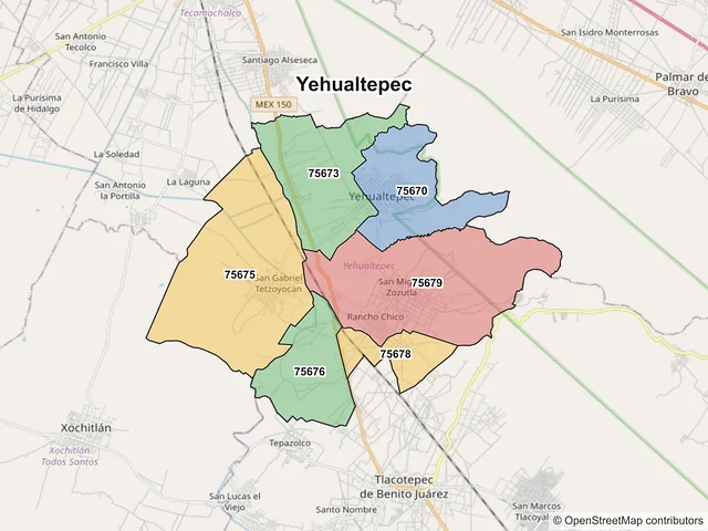 Mapa de códigos postales de Yehualtepec, Puebla