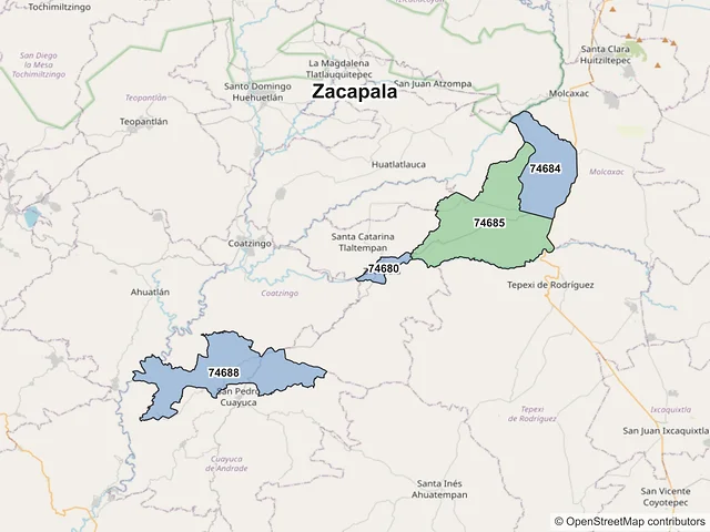 Mapa de códigos postales de Zacapala, Puebla