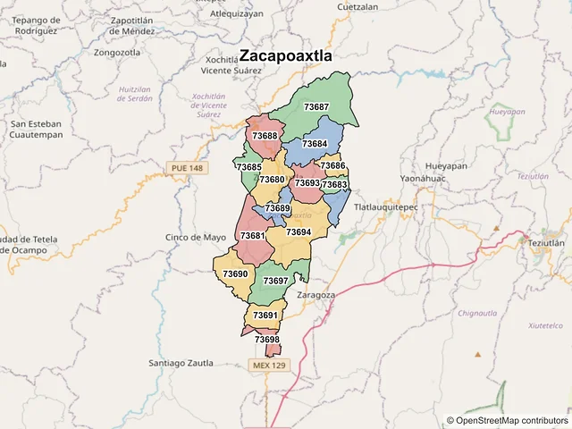 Mapa de códigos postales de Zacapoaxtla, Puebla