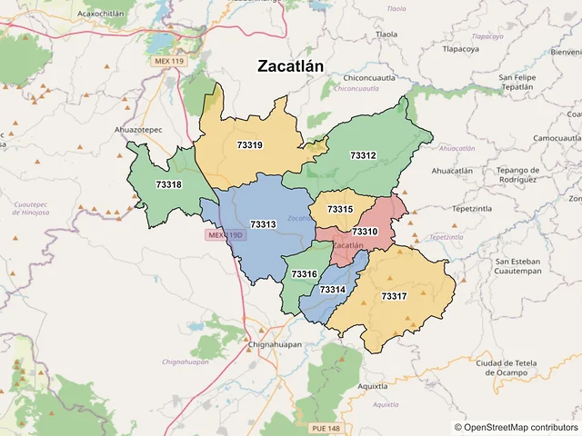 Mapa de códigos postales de Zacatlán, Puebla