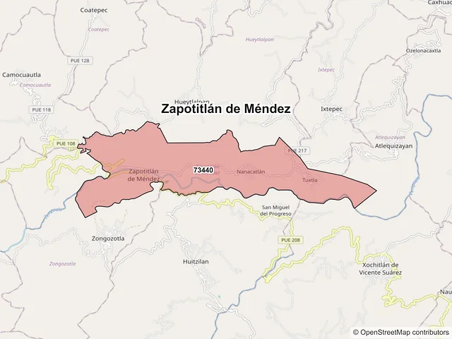 Mapa de códigos postales de Zapotitlán de Méndez, Puebla