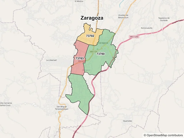Mapa de códigos postales de Zaragoza, Puebla
