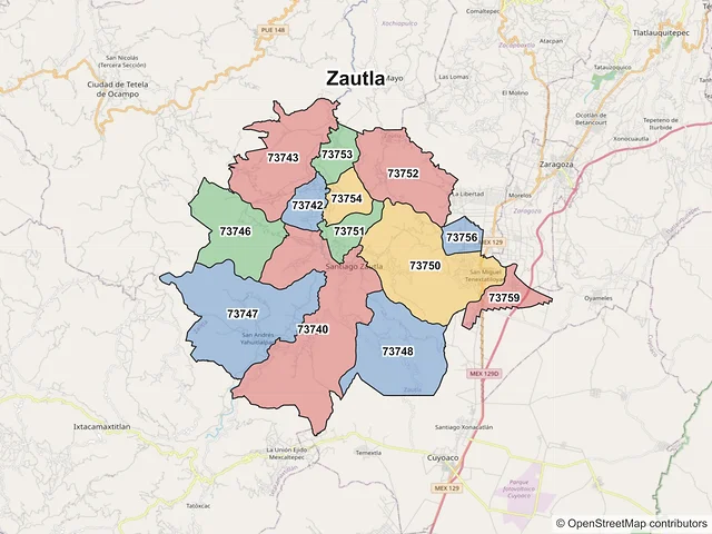 Mapa de códigos postales de Zautla, Puebla