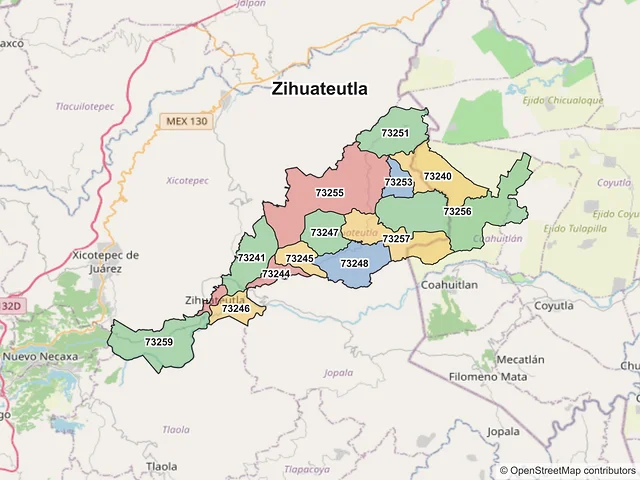 Mapa de códigos postales de Zihuateutla, Puebla
