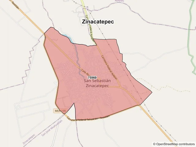 Mapa de códigos postales de Zinacatepec, Puebla
