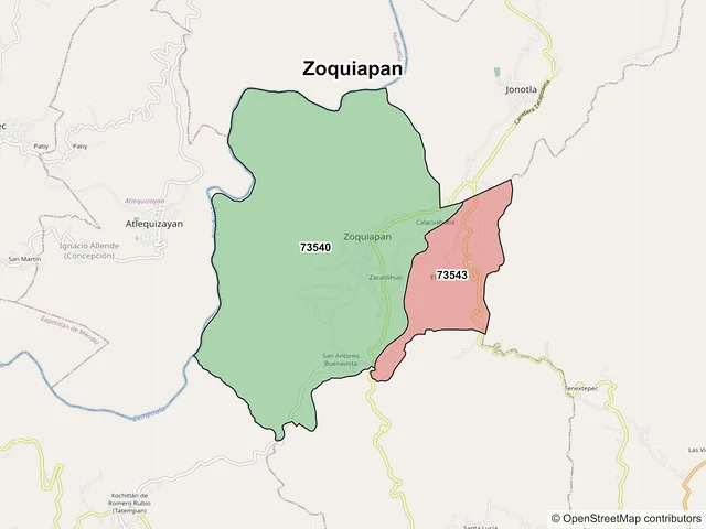 Mapa de códigos postales de Zoquiapan, Puebla