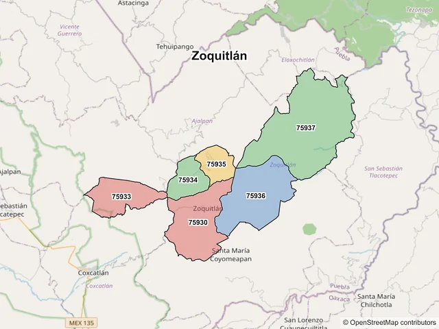 Mapa de códigos postales de Zoquitlán, Puebla
