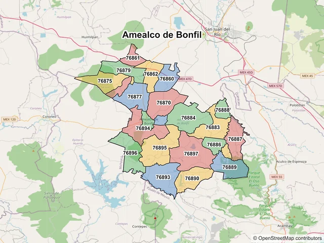 Mapa de códigos postales de Amealco de Bonfil, Querétaro