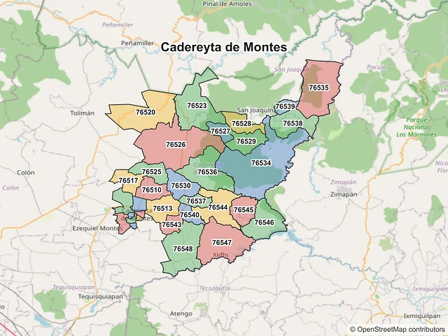 Mapa de códigos postales de Cadereyta de Montes, Querétaro
