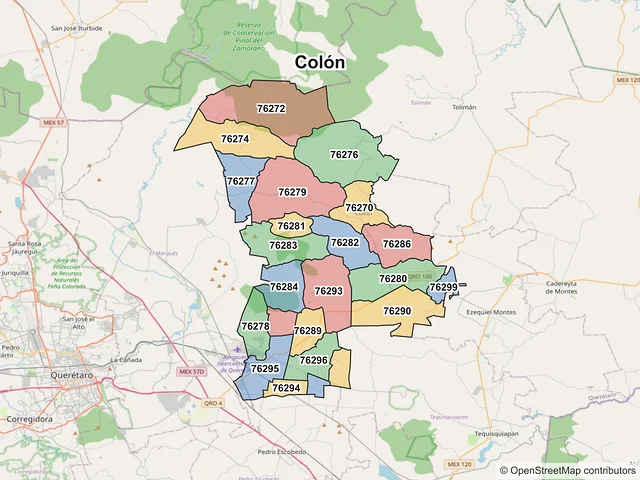 Mapa de códigos postales de Colón, Querétaro