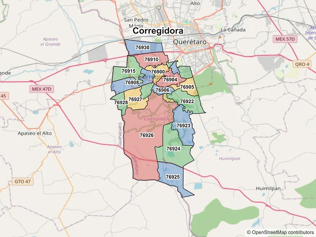 Mapa de códigos postales de Corregidora, Querétaro