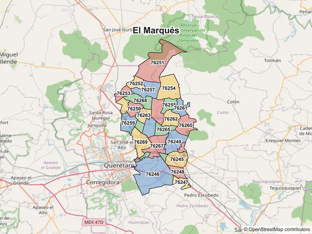 Mapa de códigos postales de El Marqués, Querétaro