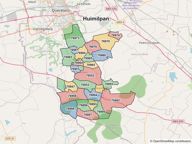 Mapa de códigos postales de Huimilpan, Querétaro