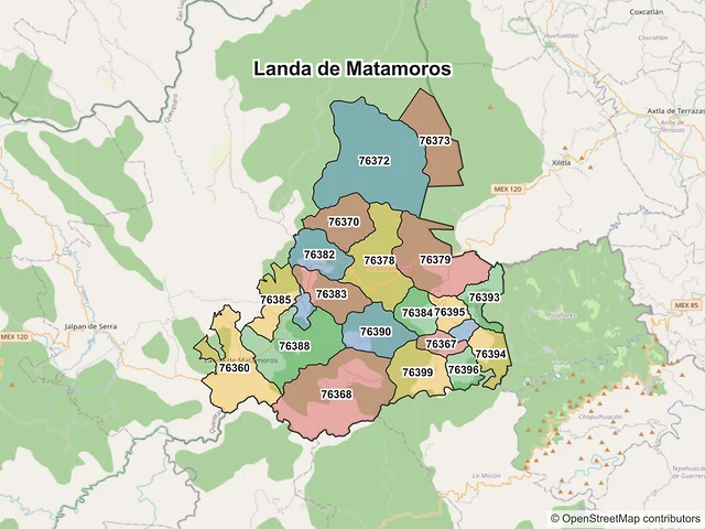 Mapa de códigos postales de Landa de Matamoros, Querétaro