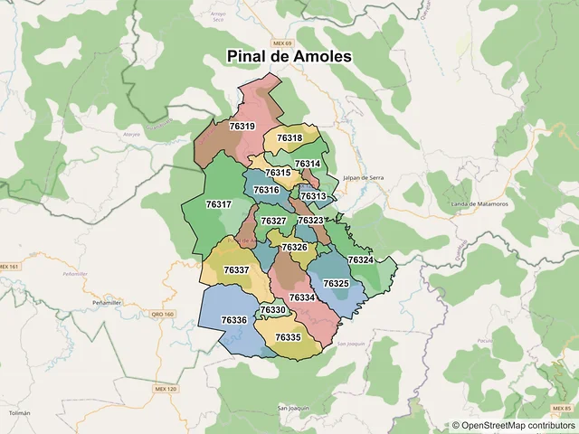 Mapa de códigos postales de Pinal de Amoles, Querétaro