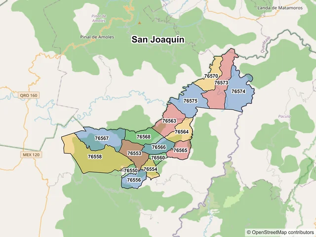 Mapa de códigos postales de San Joaquín, Querétaro