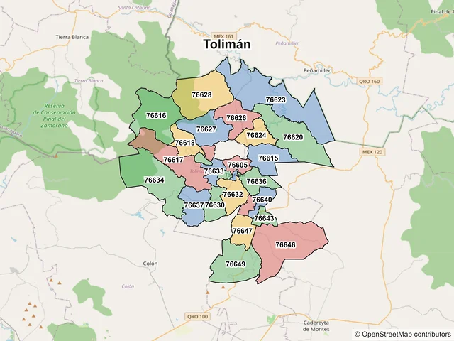 Mapa de códigos postales de Tolimán, Querétaro