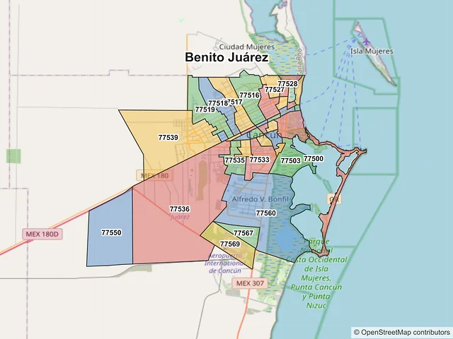 Mapa de códigos postales de Cancún, Quintana Roo