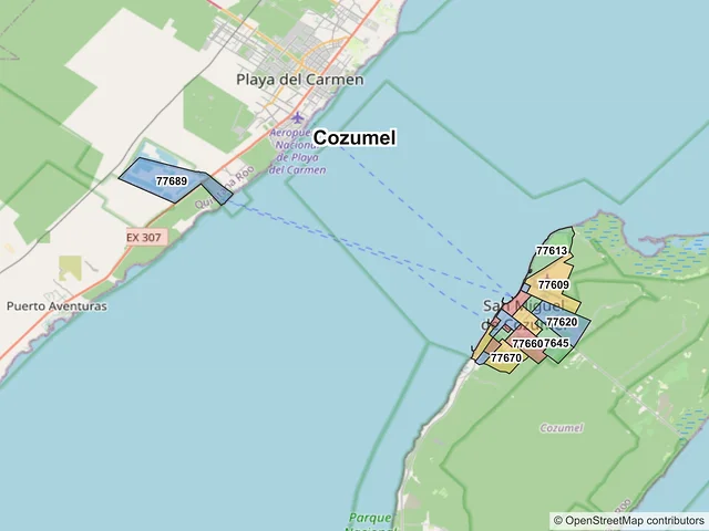 Mapa de códigos postales de Cozumel, Quintana Roo