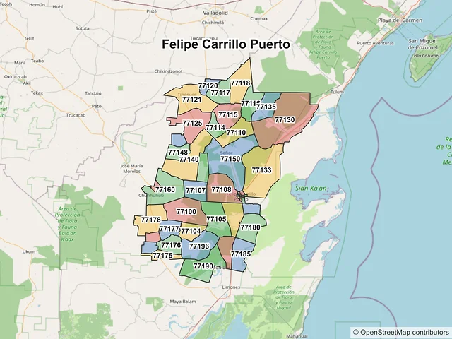 Mapa de códigos postales de Felipe Carrillo Puerto, Quintana Roo