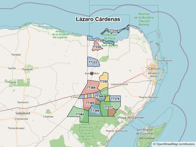 Mapa de códigos postales de Lázaro Cárdenas, Quintana Roo