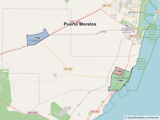 Mapa de códigos postales de Puerto Morelos, Quintana Roo
