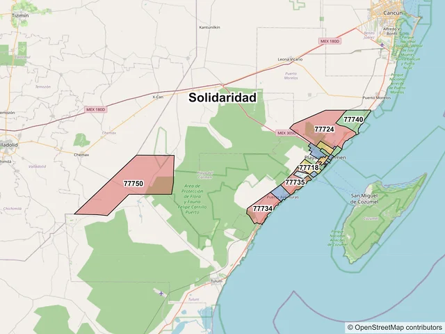Mapa de códigos postales de Playa del Carmen, Quintana Roo