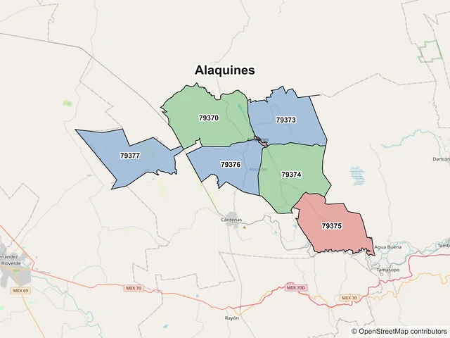 Mapa de códigos postales de Alaquines, San Luis Potosí