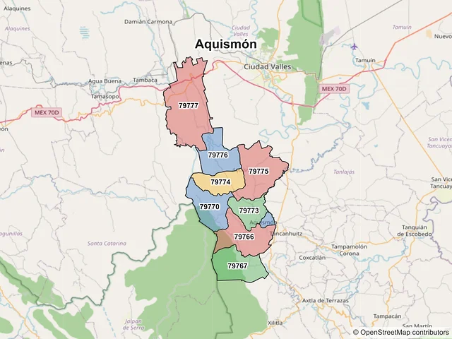 Mapa de códigos postales de Aquismón, San Luis Potosí