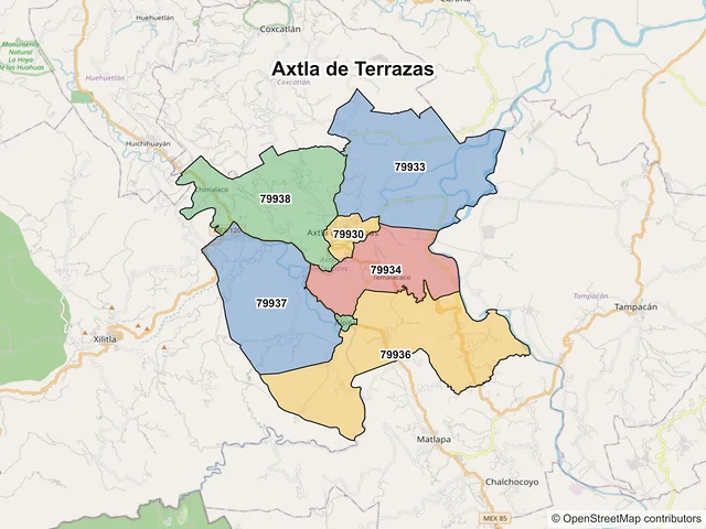 Mapa de códigos postales de Axtla de Terrazas, San Luis Potosí